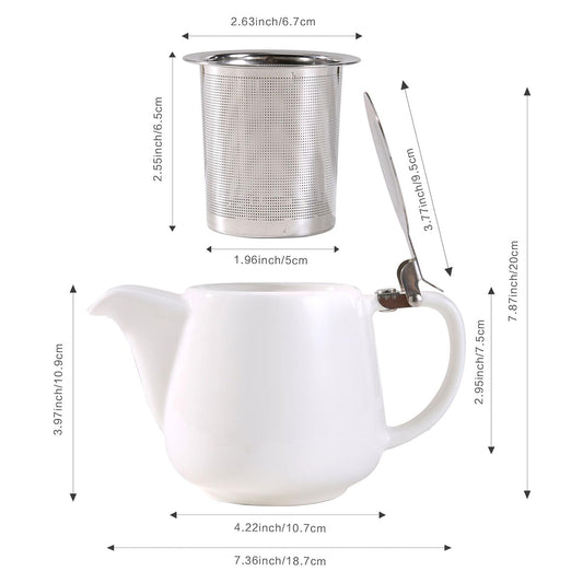 Auxmeware - Ceramic Teapot With Stainless Steel Infuser, Heat Resistant, Perfect Tea Maker, White, 500ml/17oz