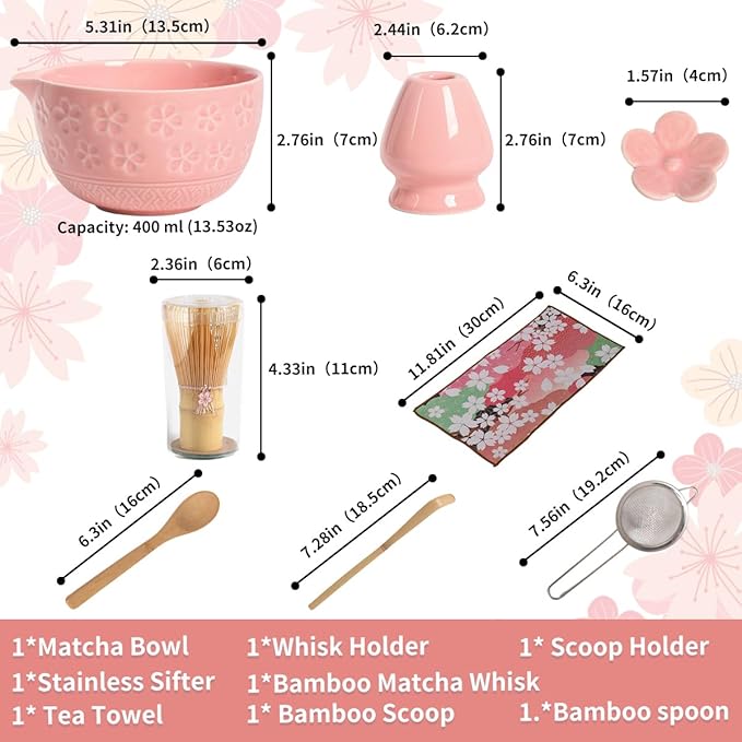 8-Piece Matcha Ceremony Set - Tea Kit with Cherry Blossom Bowl, Bamboo Whisk, Wood Scoops, Tea Cloth & Floral Display