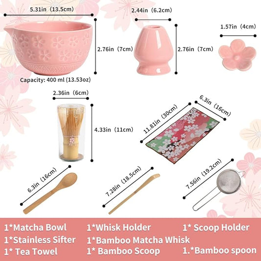 8-Piece Matcha Ceremony Set - Tea Kit with Cherry Blossom Bowl, Bamboo Whisk, Wood Scoops, Tea Cloth & Floral Display