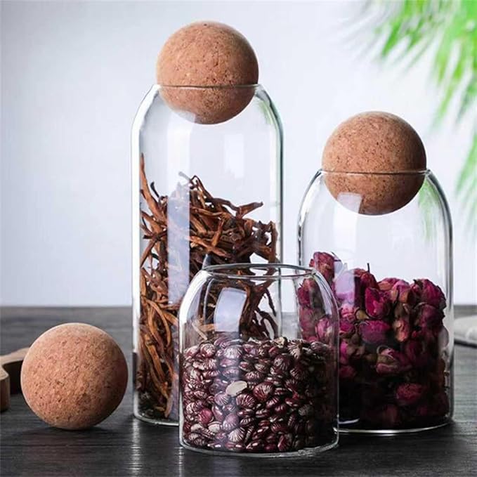 3 Pcs Glass Storage Jars with Ball Cork Lids – Clear Glass Canisters with Wooden Clips, Labels & Marker