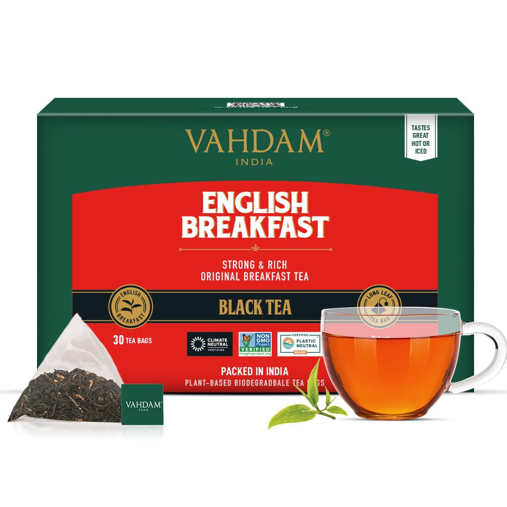 VAHDAM, English Breakfast Black Tea Bags (30 Count) High Caffeine, Strong, Robust & Flavoury, Individually Wrapped Pyramid Tea Bags