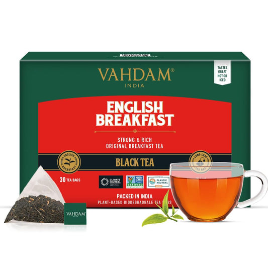 VAHDAM, English Breakfast Black Tea Bags (30 Count) High Caffeine, Strong, Robust & Flavoury, Individually Wrapped Pyramid Tea Bags