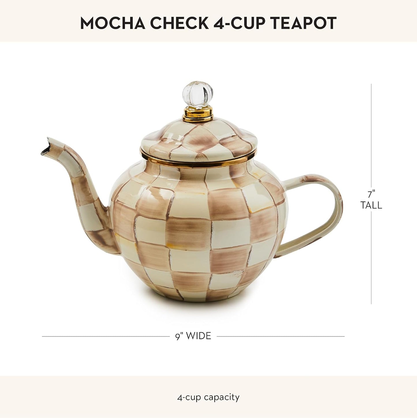 MACKENZIE-CHILDS Enamel Teapot, 4 Cups, Brown-and-White Mocha Check | Hand-painted design, small teapot with lid for steeping and serving tea, 9" W x 7" H