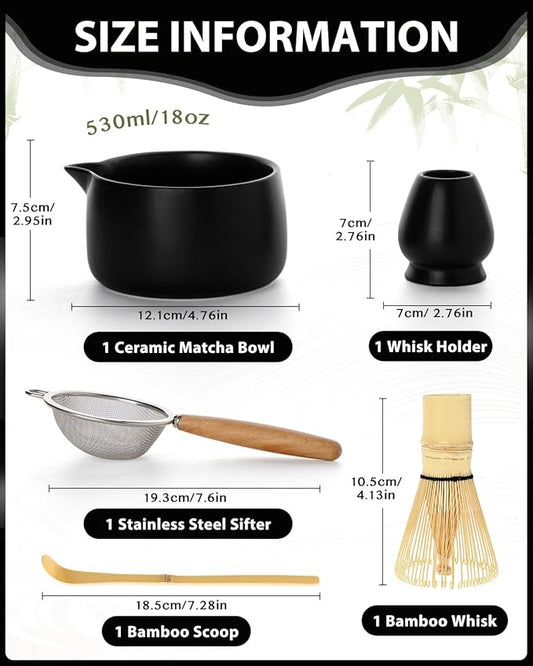 20OZ Matcha Whisk Set - 5PCS Matcha Set Includes Macha Bowl with Spout, Bamboo Whisk with Ceramic Holder, Bamboo Scoop and Sifter