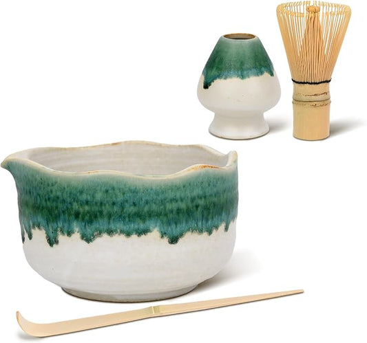 Pottery Matcha Set - Japanese Handcrafted Matcha Tea Bowl Mineral Glaze Bowl with Spout, Bamboo Whisk, Scoop & Chasen Holder