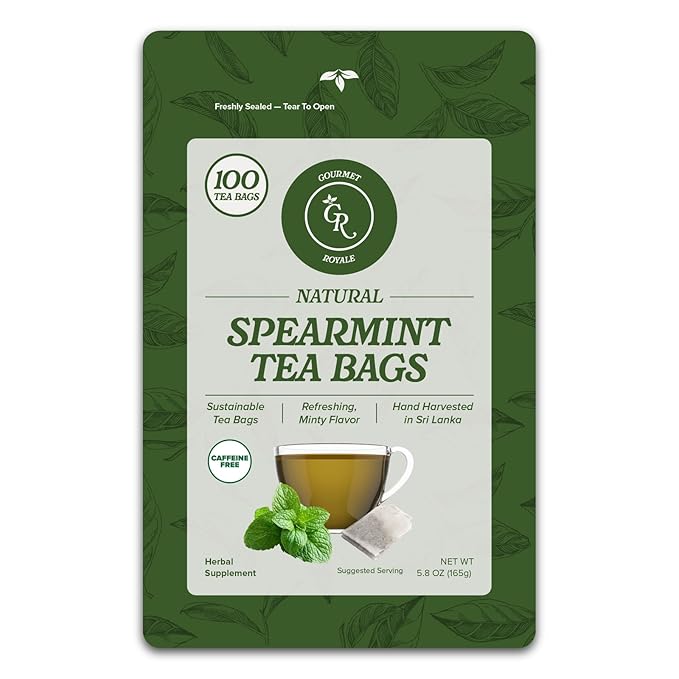 Gourmet Royale Spearmint Tea, 100 Count, Sustainable Tea Bags, Caffeine & Sugar Free, Resealable Pouch, Refreshing & Natural, Grown in Sri Lanka