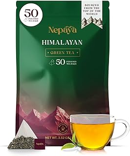 Nepaya Himalayan Green Tea Bags, High Grown Pure Green Tea, Low Caffeine, Smooth & Refreshing Taste, 50 Biodegradable Pyramid Tea Bags, Whole Leaf Green Tea for Hot or Iced Tea, Fresh & Natural Flavor