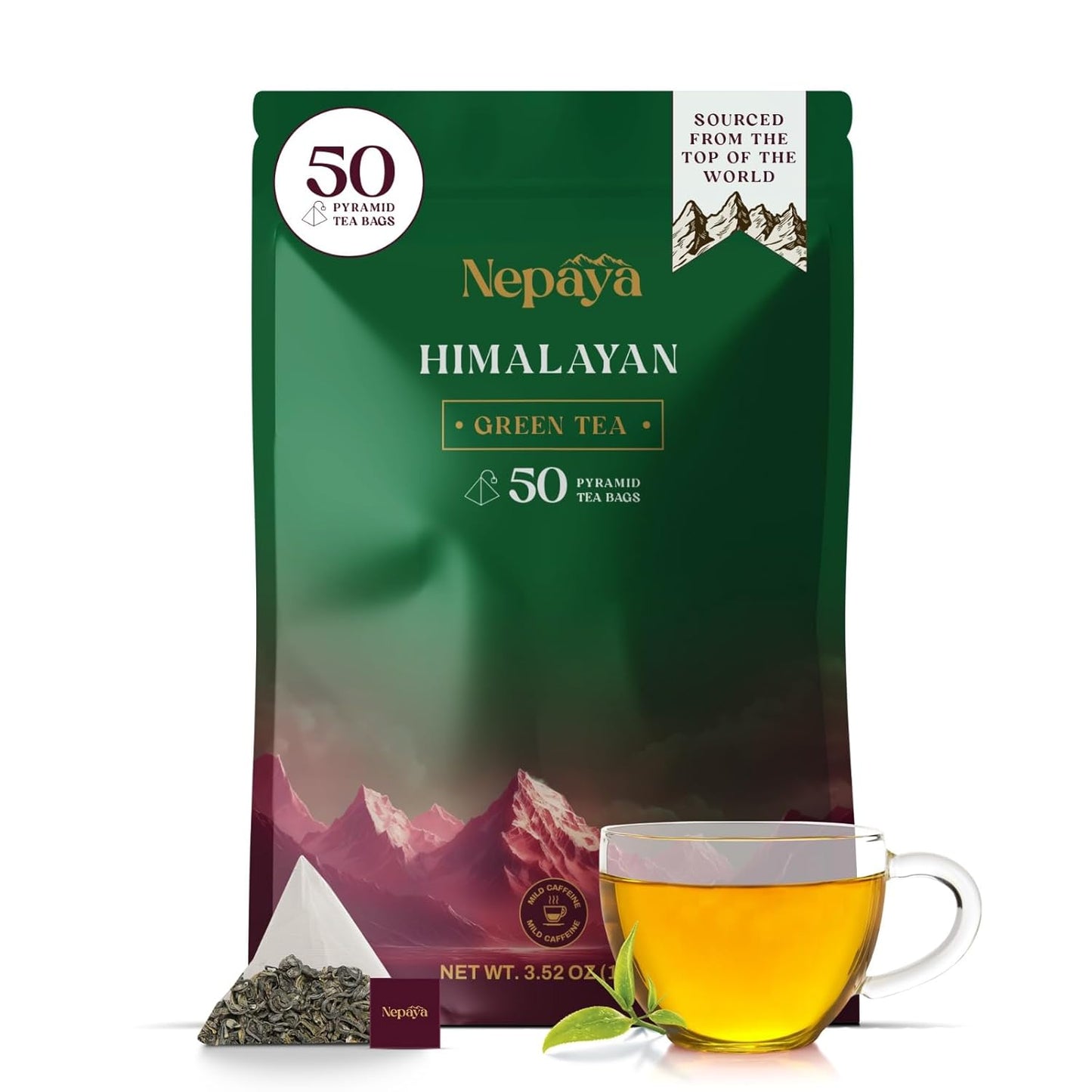 Nepaya Himalayan Green Tea Bags, High Grown Pure Green Tea, Low Caffeine, Smooth & Refreshing Taste, 50 Biodegradable Pyramid Tea Bags, Whole Leaf Green Tea for Hot or Iced Tea, Fresh & Natural Flavor
