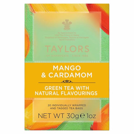 Taylors of Harrogate Mango & Cardamom, Green Tea, Individually Wrapped Bags, 20 Count (Pack of 1), Delicate, Refreshing and Sweet, Caffeinated, Enjoy Hot or Iced, 20 Teabags