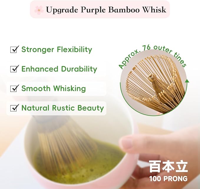 Matcha Whisk Set – Japanese Tea Ceremony Kit with Ceramic Bowl, Purple Bamboo Whisk (Chasen), Holder, Sifter & Scoop – Complete Matcha Kit
