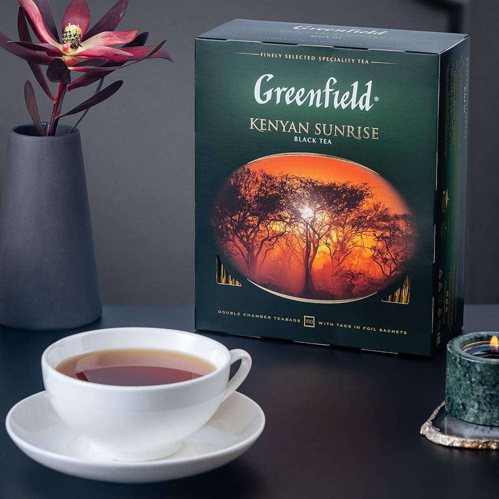 Greenfield Kenyan Sunrise Black Tea - 100 Individually Wrapped Tea Bags - Bold and Rich Kenyan Black Tea from Kericho Highlands - Single Origin Afternoon and Breakfast Tea - 7.05 oz