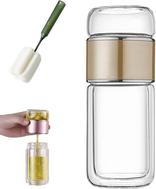 Glass Infuser, 3-in-1 smart Tea Infuser Double Wall Glass Teacup with infuser for Loose Tea, Portable Teas Steeper (Gold, 12oz)