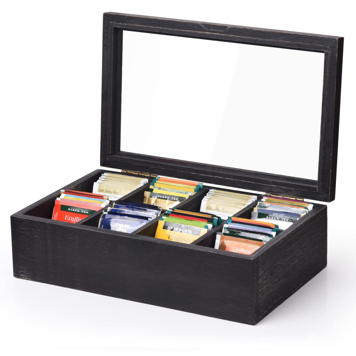 Alsonerbay Wooden Tea Box with Lid & 8-Compartment, Weathered Black
