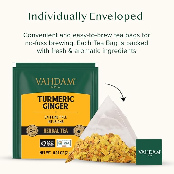 VAHDAM, Turmeric Ginger Herbal Tea Bags (30 Pyramid Tea Bags) Caffeine Free, Non GMO, Gluten Free | 100% Pure Herbal Blend - Savory & Spicy | Individually Wrapped Pyramid Tea Bags | Direct from Source