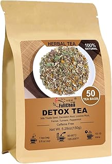 FullChea - Detox Tea Bags, 50 Teabags Liver Detox Tea, With Milk Thistle Seed, Dandelion Root, Licorice Root, Fennel, Turmeric, Peppermint - Liver Cleansing and Support
