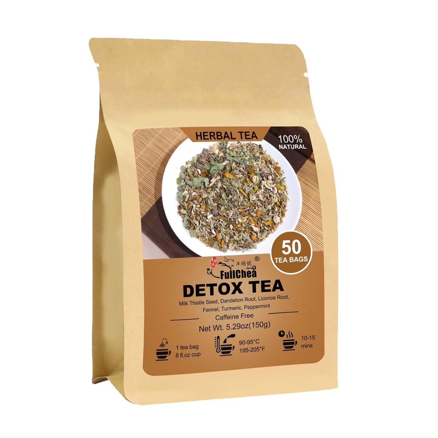 FullChea - Detox Tea Bags, 50 Count, Milk Thistle Herbal Detox Blend | Liver detox tea with milk thistle seed, dandelion root, licorice root, fennel, turmeric, peppermint, easy to brew hot or iced