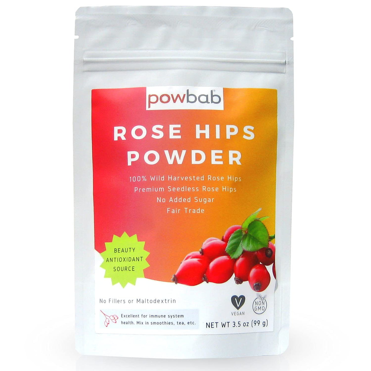 powbab Rose Hips Powder from 100% Wild Organic Rosehip. Premium Rosa Rubiginosa. Seedless Ground Rosehips from Whole Dried