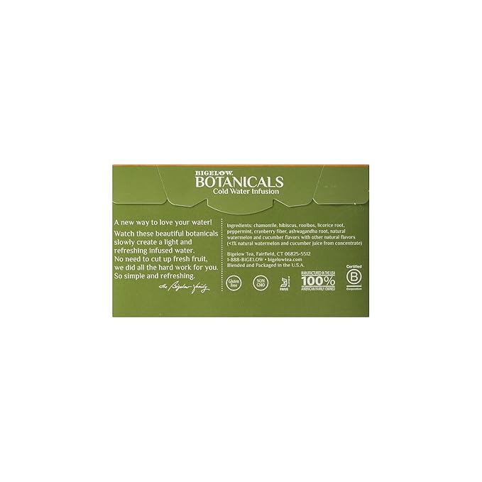 Bigelow Botanicals Cold Water Infusion Watermelon Cucumber Mint Tea Bags 18 Count Box, Herbal Infusion, Caffeine Free, 18 Tea Bags Total