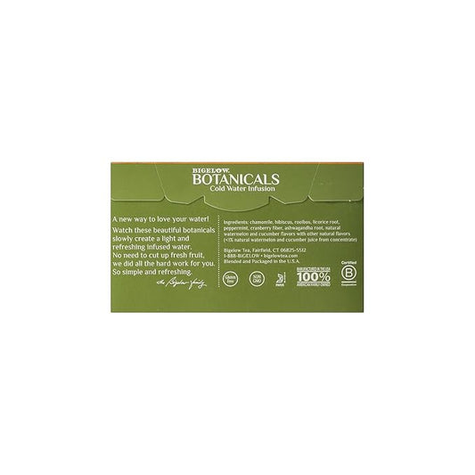 Bigelow Botanicals Cold Water Infusion Watermelon Cucumber Mint Tea Bags 18 Count Box (Pack of 1), Herbal Infusion, Caffeine Free, 18 Tea Bags Total