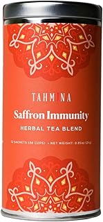 Tahmina Saffron Immunity Caffeine Free Tea: Calming Turmeric and Ginger with Saffron, 12 Biodegradable Pyramid Tea Bags, Makes 36 Cups of Tea (1 Pack)