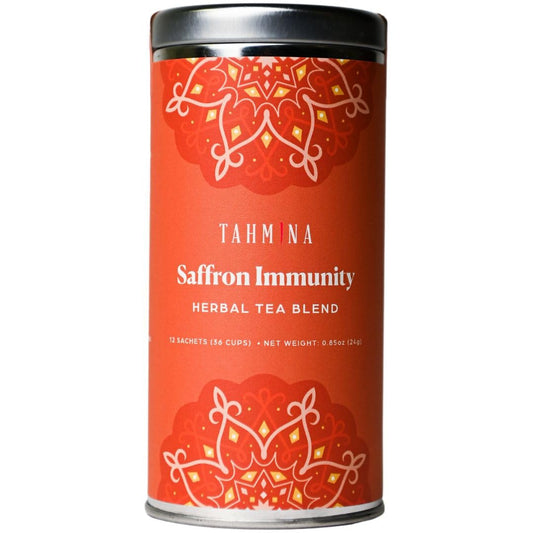 Tahmina Saffron Immunity Caffeine Free Tea: Calming Turmeric and Ginger with Saffron, 12 Biodegradable Pyramid Tea Bags, Makes 36 Cups of Tea (1 Pack)