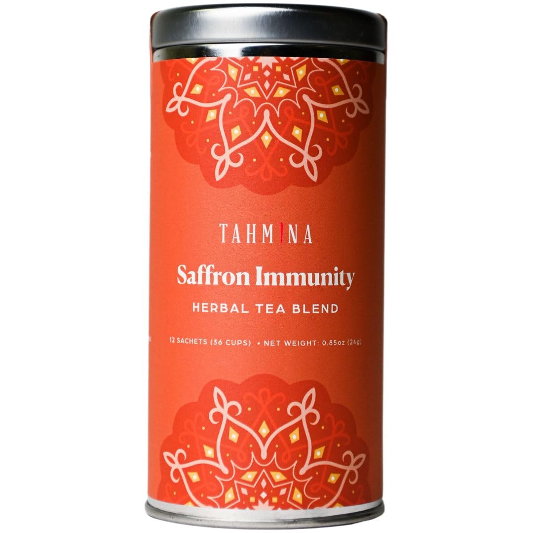 Tahmina Saffron Immunity Caffeine Free Tea: Calming Turmeric and Ginger with Saffron, 12 Biodegradable Pyramid Tea Bags, Makes 36 Cups of Tea (1 Pack)