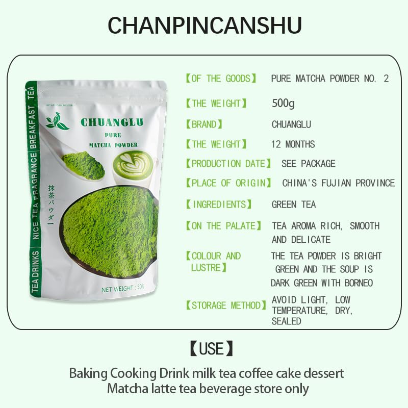 CHUANGLU Bulk Culinary Grade Matcha Powder - 500g | Commercial Supply for Bubble Tea Shops & Cafes | Vibrant Green & Versatile (Large-500g)