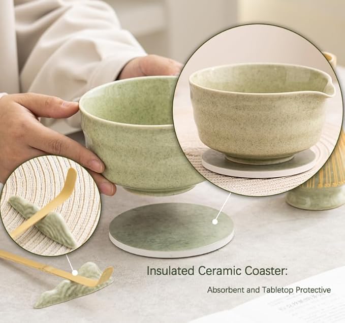 Japanese Matcha Set, Matcha Bowl with Spout and Coaster, Matcha Whisk and Holder, Sifter, Scoop, Spoon, Cleaning Brush