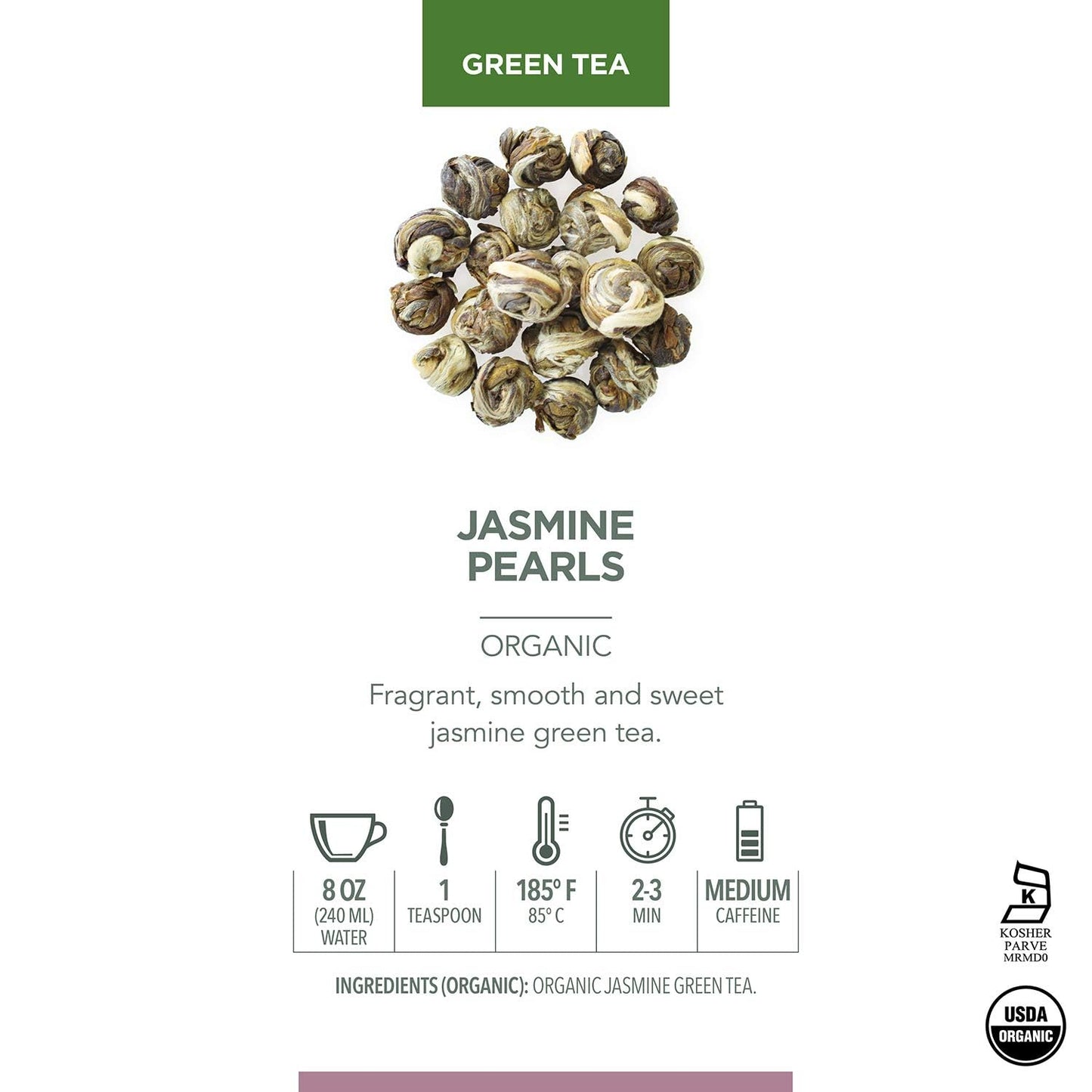 Teabloom Jasmine Pearls – USDA Organic Jasmine Green Tea in Plant-Based Pyramid Sachets – Luxury Tea Gift Box with 12 Compostable Sachets – Kosher Certified