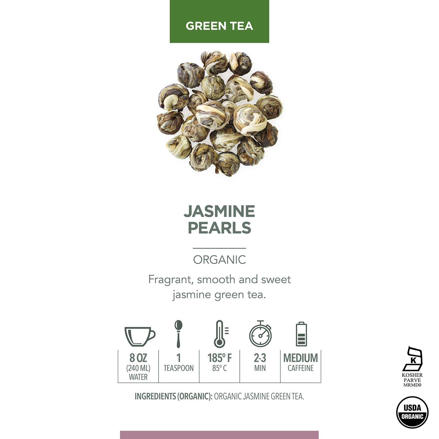 Teabloom Jasmine Pearls – USDA Organic Jasmine Green Tea in Plant-Based Pyramid Sachets – Luxury Tea Gift Box with 12 Compostable Sachets – Kosher Certified