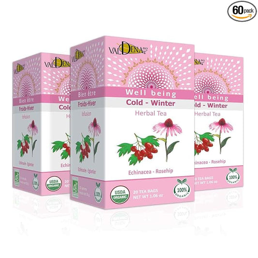 Valdena Bio Organic Echinacea Rosehip Herbal Tea Infusion (Pack of 3, total of 60 individually wrapped Tea Bags) Immunity boost, Immune support, Wellness tea, Kosher, Non-GMO