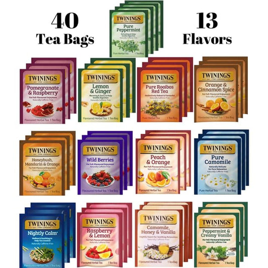 Twinings Herbal Tea Variety Pack - 40 Individually Wrapped Herbal Tea Bags Variety Pack Sampler, 13 Flavors, Caffeine Free (1 Count (Pack of 40))