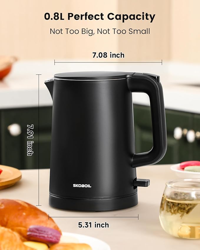 Electric Kettle Small for Tea & Coffee, 0.8L (27OZ) Double Wall Stainless Steel Hot Water Boiler