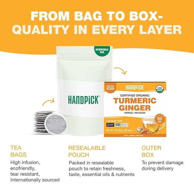 Handpick, Ginger Tea Bags (100 Herbal Tea Bags), Authentic Indian Origin, Caffeine Free & 100% Pure Ginger Root, Round Eco Conscious Teabags