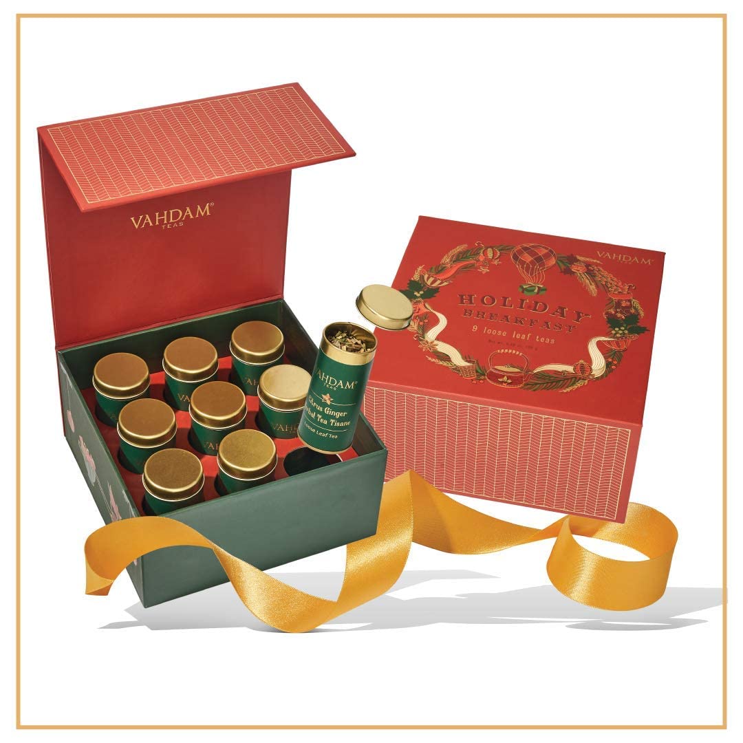 VAHDAM, Holiday Breakfast - Christmas Tea Gift Sets (90+ Cups) 9 Loose Leaf Teas - Luxury Gift Box | Christmas Gifts For Women, Men & Adults I Holiday Tea Gift Box