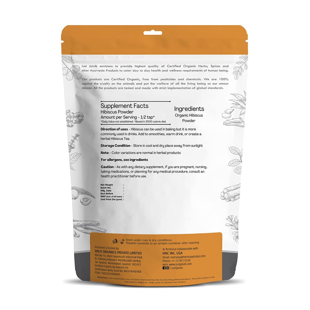 Just Jaivik Organic Hibiscus Flower Powder (Hibiscus Sabdariffa) 1/2 LB, 08 oz, 227g USDA Certified Organic- Biodegradable