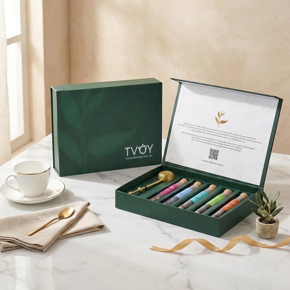 TVOY- Assorted Tea Infusion Gift Set 6 Unique Flavors and Reusable Tea Stainer, Loose Leaf Tea Set Flavors Include, Mint Green Tea, Premium Whole Loose Leaf Tea Gift Box for Women & Men, Tea Sampler for Birthdays & Tea Lovers