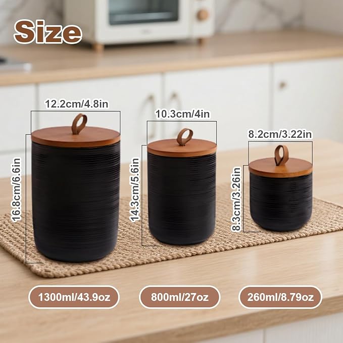 Comeon Ceramics Canister with Lid, Matcha Container Jar for Spice Sugar Tea Bag Coffee Canister Sets for Kitchen Counter with Bamboo Lid (Black)