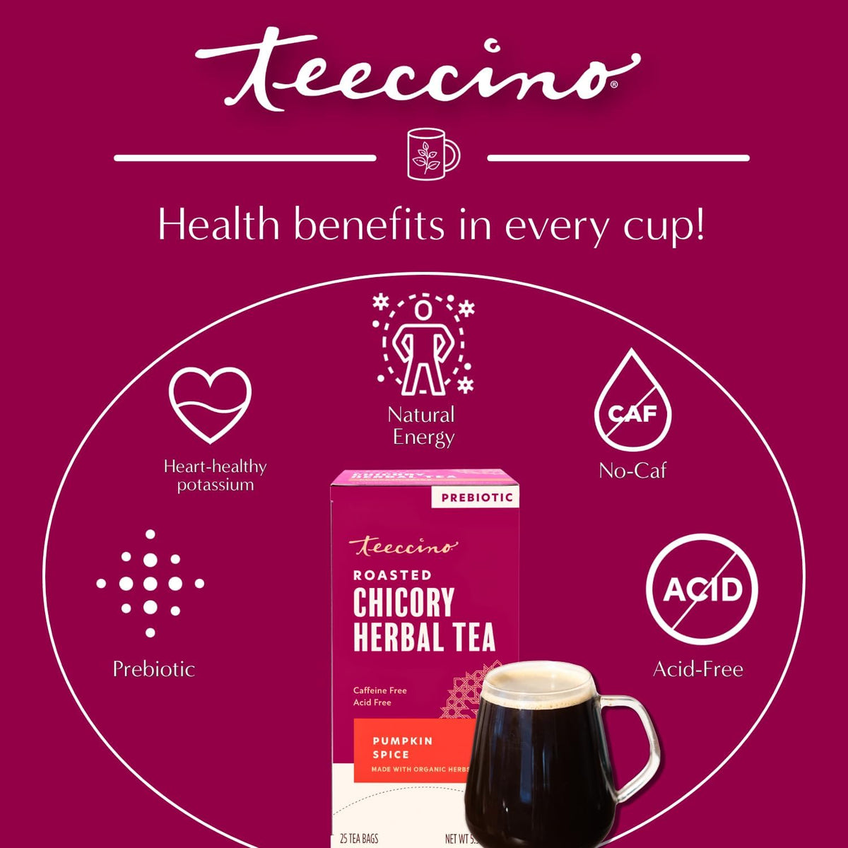 Teeccino Pumpkin Spice Herbal Tea - Rich &amp; Roasted Autumn Harvest Tea That’s Caffeine Free &amp; Prebiotic for Delicious Comfort, 25 Tea Bags