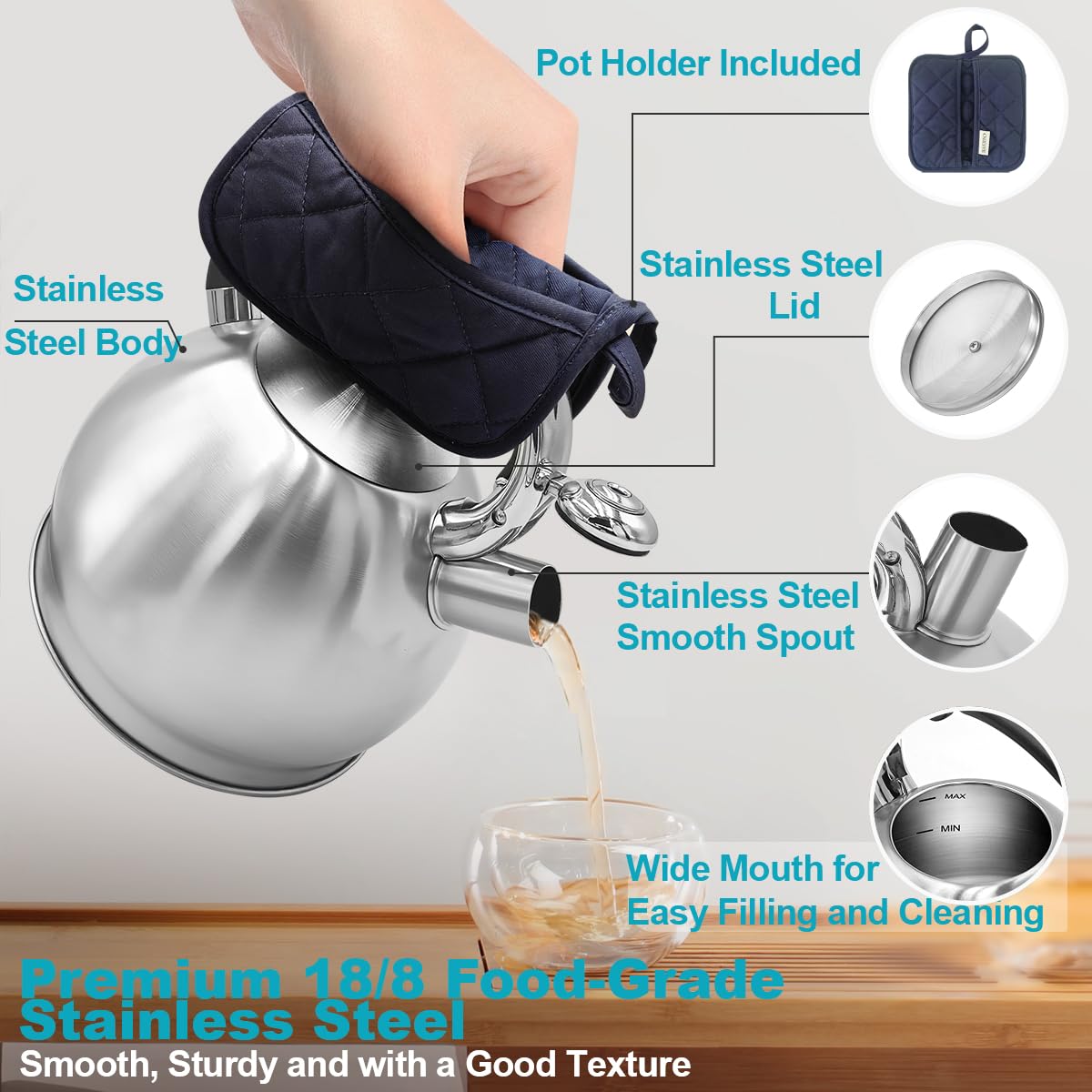 BAERFO Whistling Stovetop Tea Kettle, 2.64 Qt 304 Stainless Steel （Brushed）