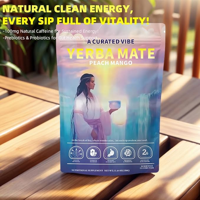 Yerba Mate Instant Tea Powder - Peach-Mango Flavor Super Drink - 4-in-1 Functional Blend with Prebiotics - Mental Clarity - Clean Energy & Digestive Support - 30 Servings