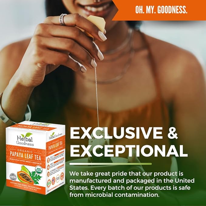 Organic Papaya Leaf Extract Tea For Platelets 24bags - Papaya Enzymes Natural Blood Platelet Tea - For Immune Gut & Digestive Health - Made in the USA