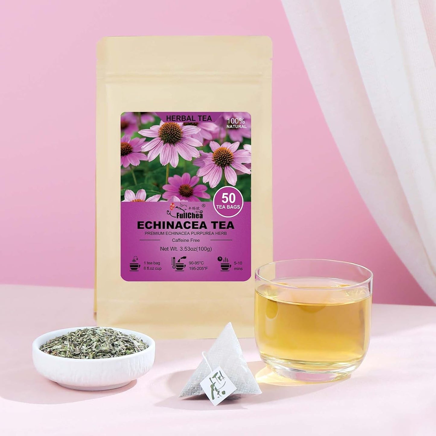 FullChea - Echinacea Tea Bags, 50 Count Dried Echinacea Purpurea Tea | Pure echinacea herbal tea with natural plant antioxidants, Non-GMO caffeine-free,easy to brew hot daily