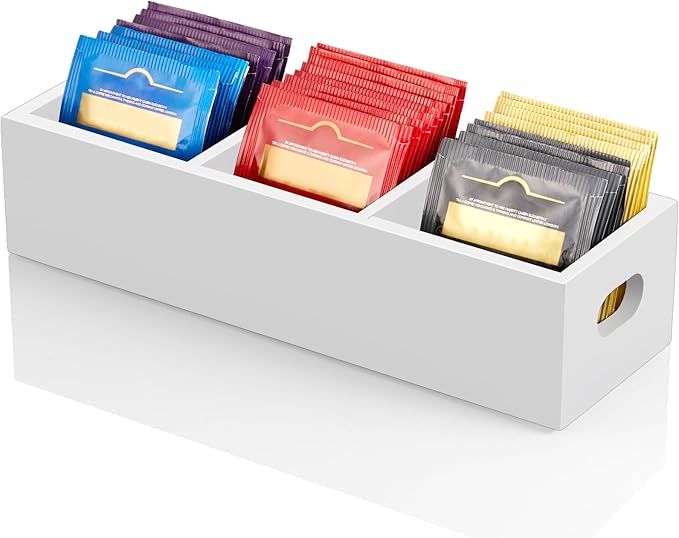 DRASTAR Tea Bag Organizer, Wooden Tea Bag Holder, White Tea Bag Chest with 3 Slots, Mini Tea Organizer Countertop, Sugar Packet Holder