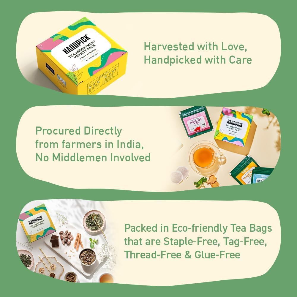 HANDPICK, Tea Bags Sampler Assortment Variety pack Gift Box 8 Flavors, 40 Tea Bags - Perfect Variety | English Breakfast, Green, Black, Herbal & More | Gifts for Him/Her | Sampler, Assortment, Variety pack, Gift Box
