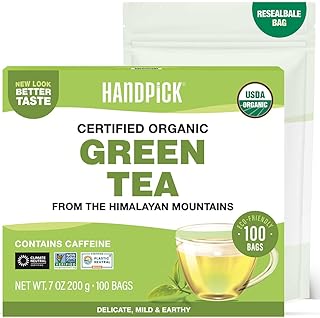 HANDPICK, Organic Green Tea Bags - 100 Eco-Friendly Tea Bags | USDA Organic | Resealable Pack for Freshness | Delicate & Flavory | Direct From India