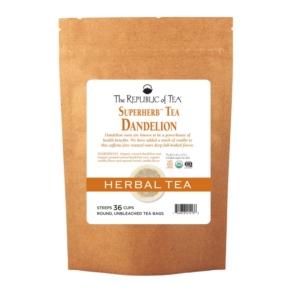 The Republic of Tea SuperHerb Organic Dandelion Herbal Tea, 36 Count | Caffeine Free. Suitable for day or evening sipping. Roasted with notes of smooth vanilla. USDA Organic and Gluten Free.