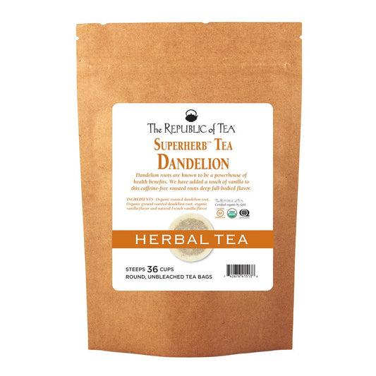 The Republic of Tea SuperHerb Organic Dandelion Herbal Tea, 36 Count | Caffeine Free. Suitable for day or evening sipping. Roasted with notes of smooth vanilla. USDA Organic and Gluten Free.