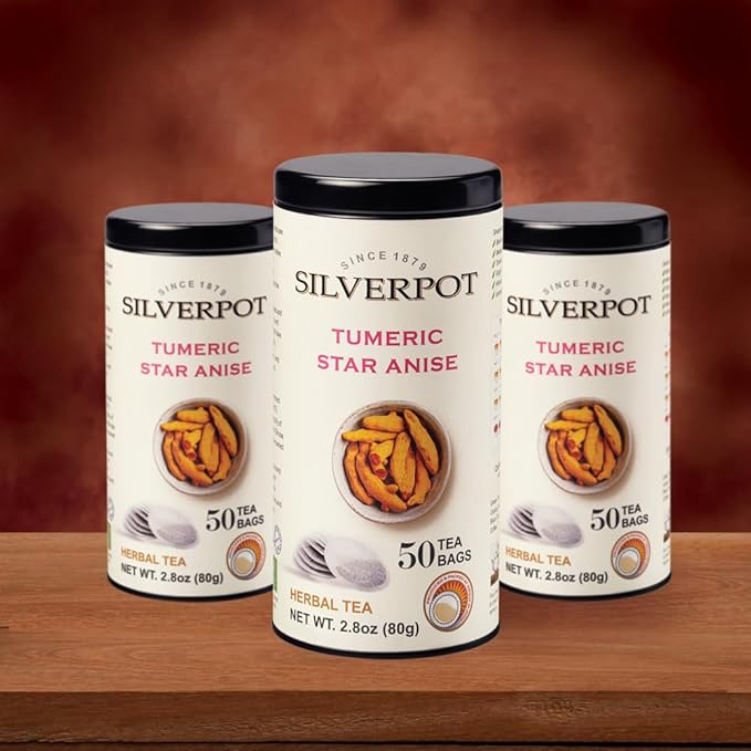 Silverpot Turmeric and Star Anise - 50 Round Tea Bags, Golden Spice, 100% Natural, Caffeine Free, Reusable Tin