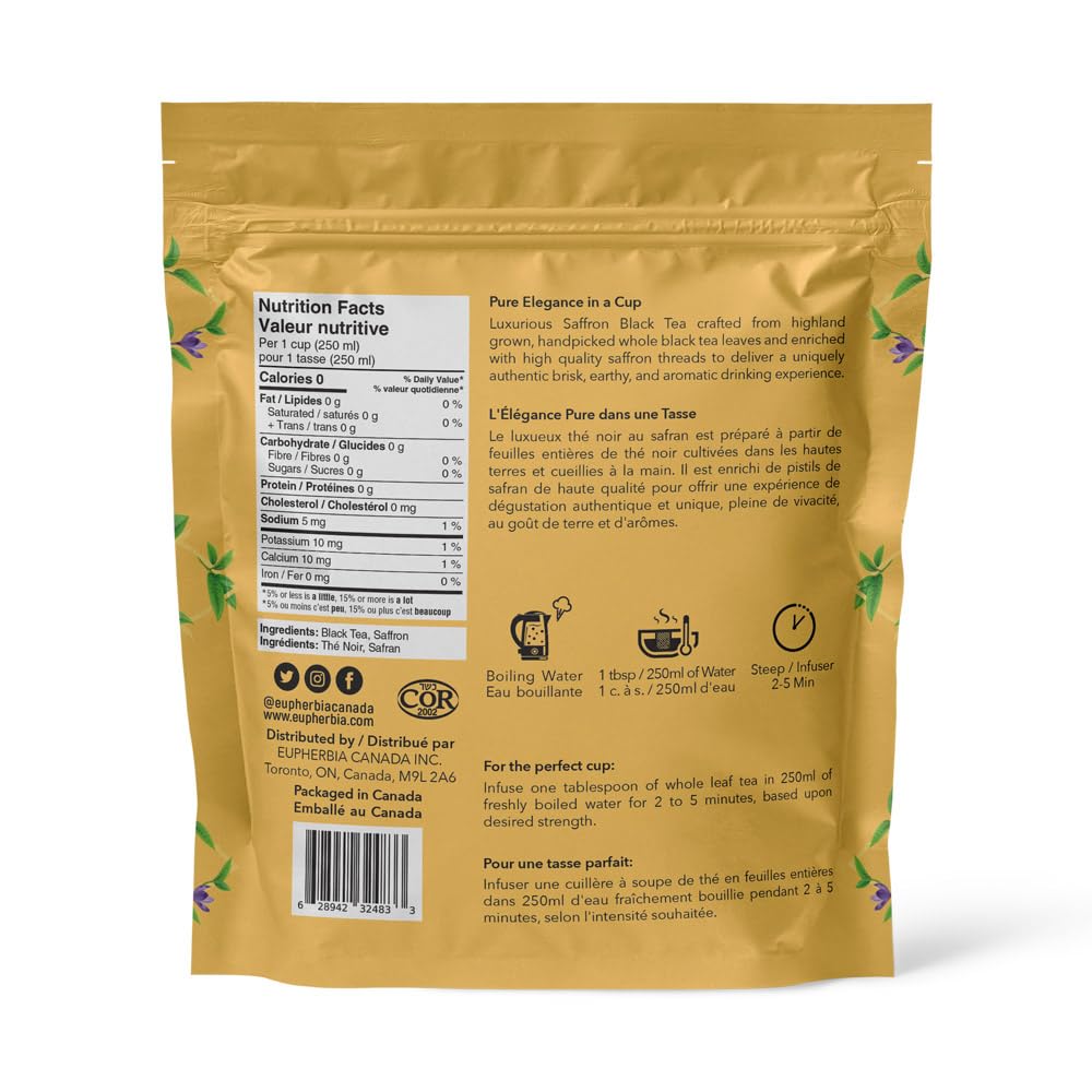 Eupherbia Saffron Black Tea, Handpicked, Highland Grown Whole Leaf Tea, Enriched with 3 Grams of Premium Saffron Threads, Brisk, Earthy, Aromatic, 227g (8 oz)